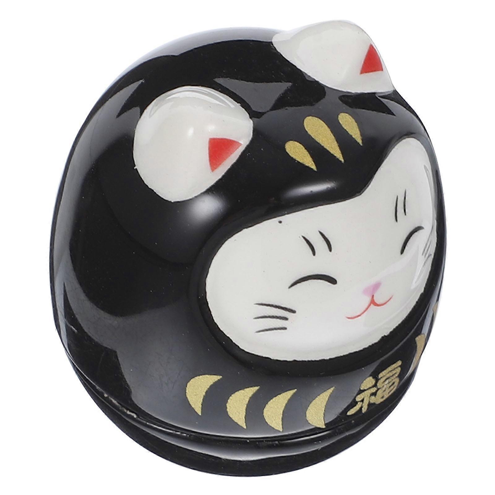 Japanese Style Ceramic Fortune Cat Tumbler Ornament Black Lucky Statue for Table Display Home Decor Auspicious Meaning