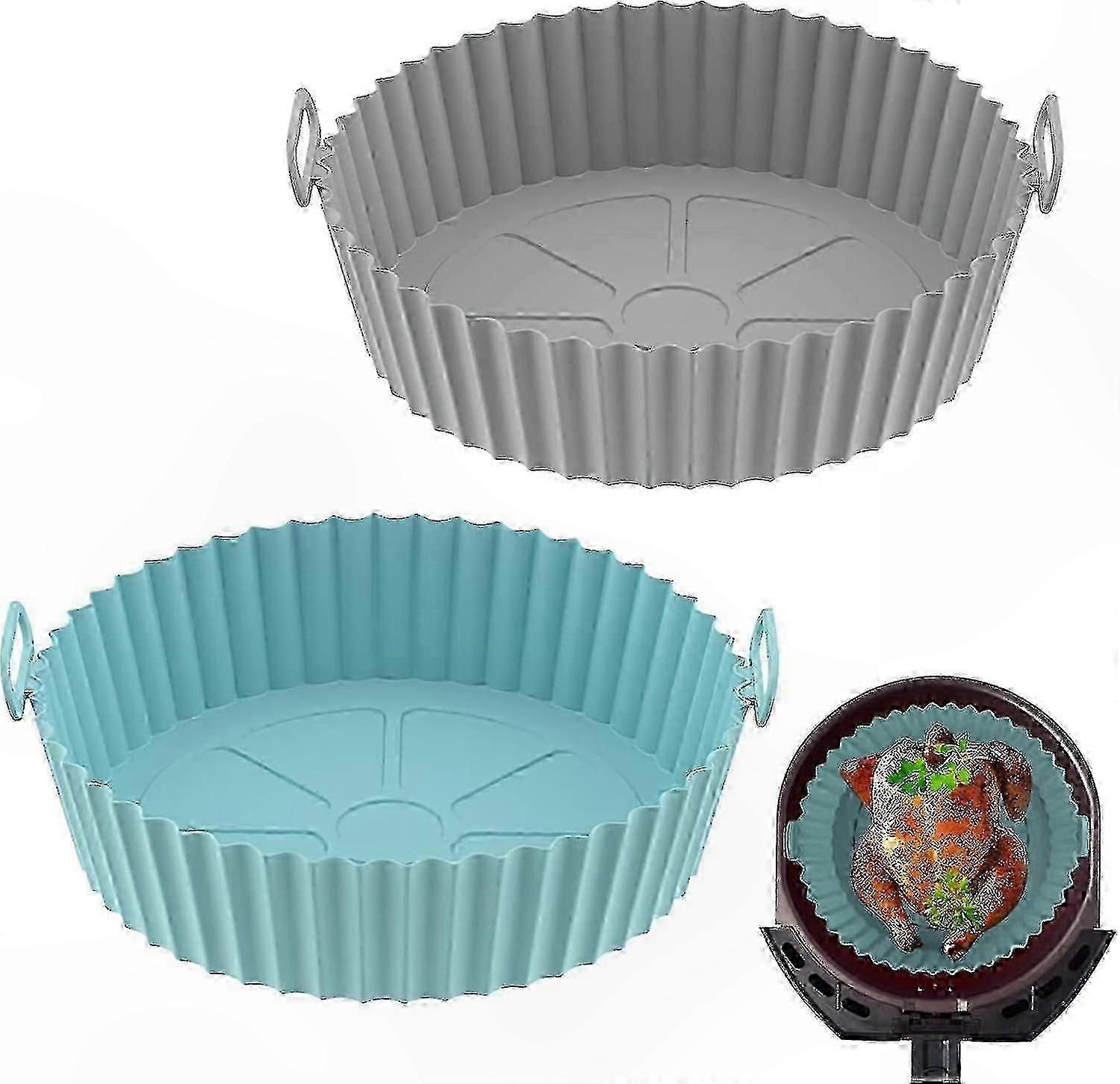 2-Pack Reusable Silicone Air Fryer Liners, Non-Stick Parchment Paper Alternative, Grey & Blue