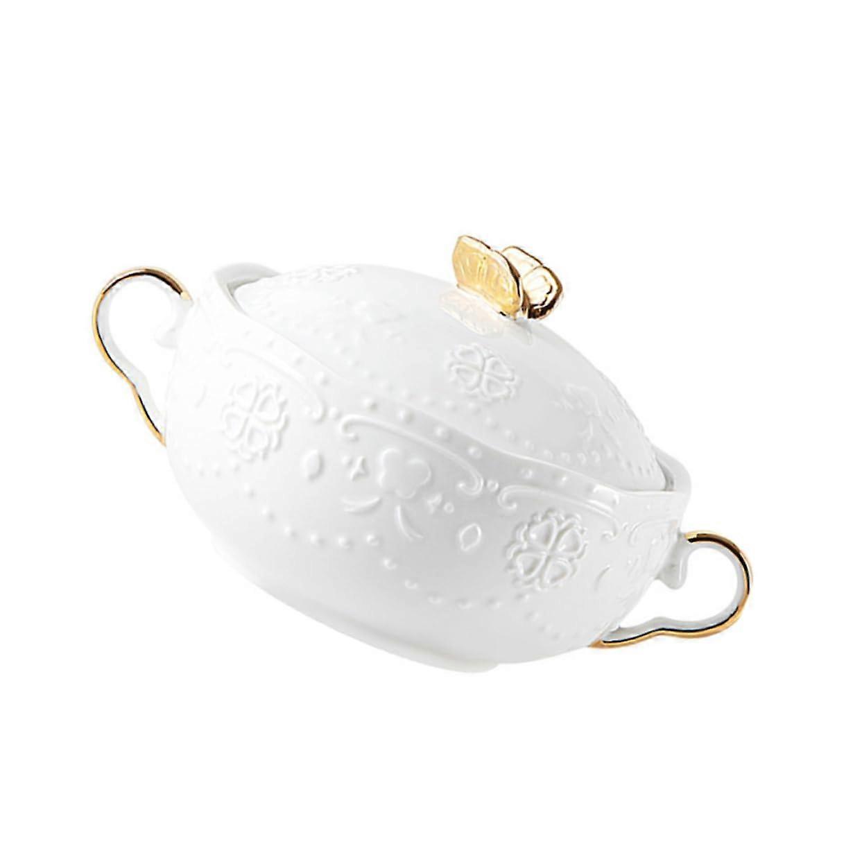 Ceramic Dessert Bowl With Dual Handles And Lid 1-Piece For Fruit Salad And Pudding, Robust Party And Special Occasion Serveware