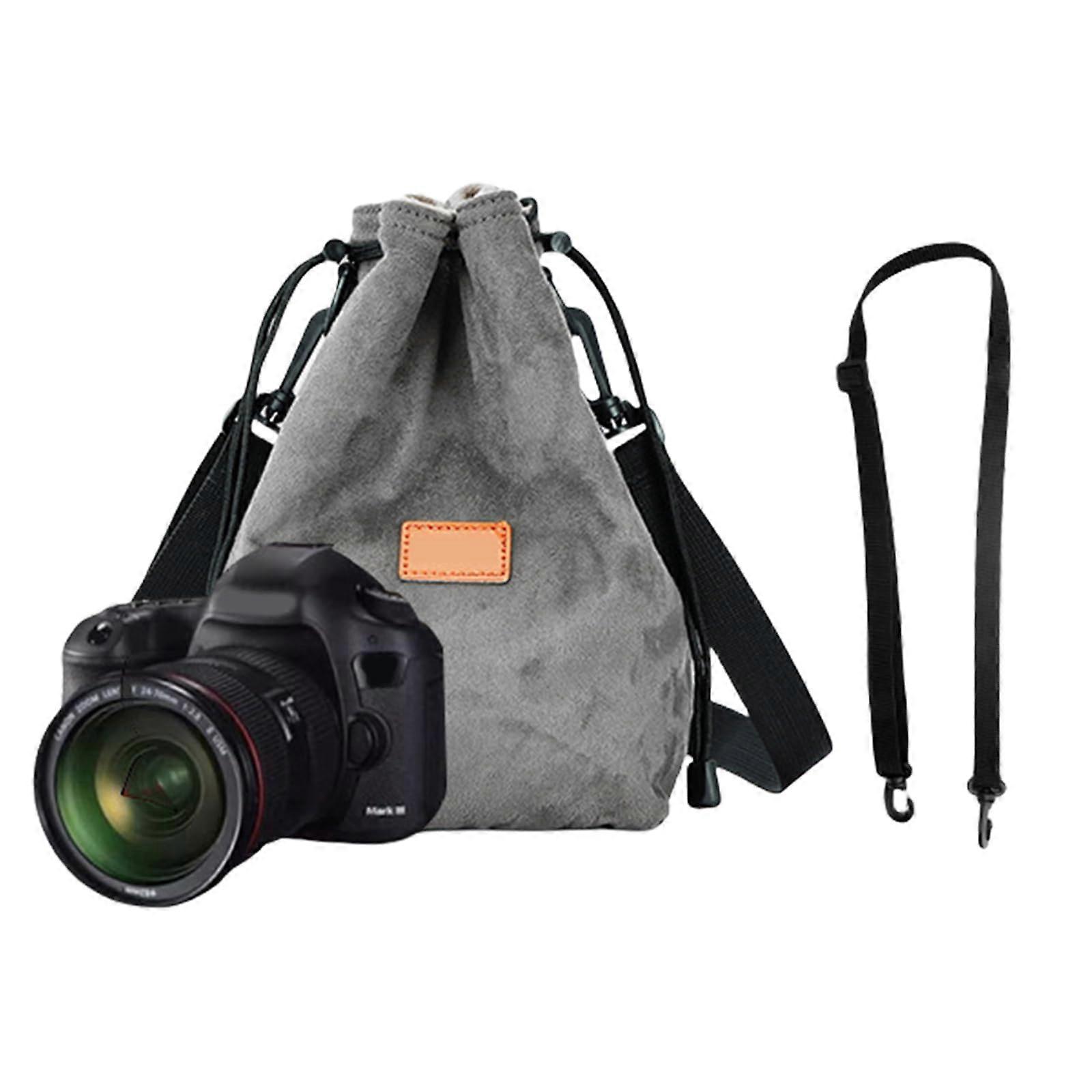 Vintage drawstring camera bag, DSLR camera bag, soft lens pouch with shoulder strap for onthego, GrayS, 5.46x5.46in