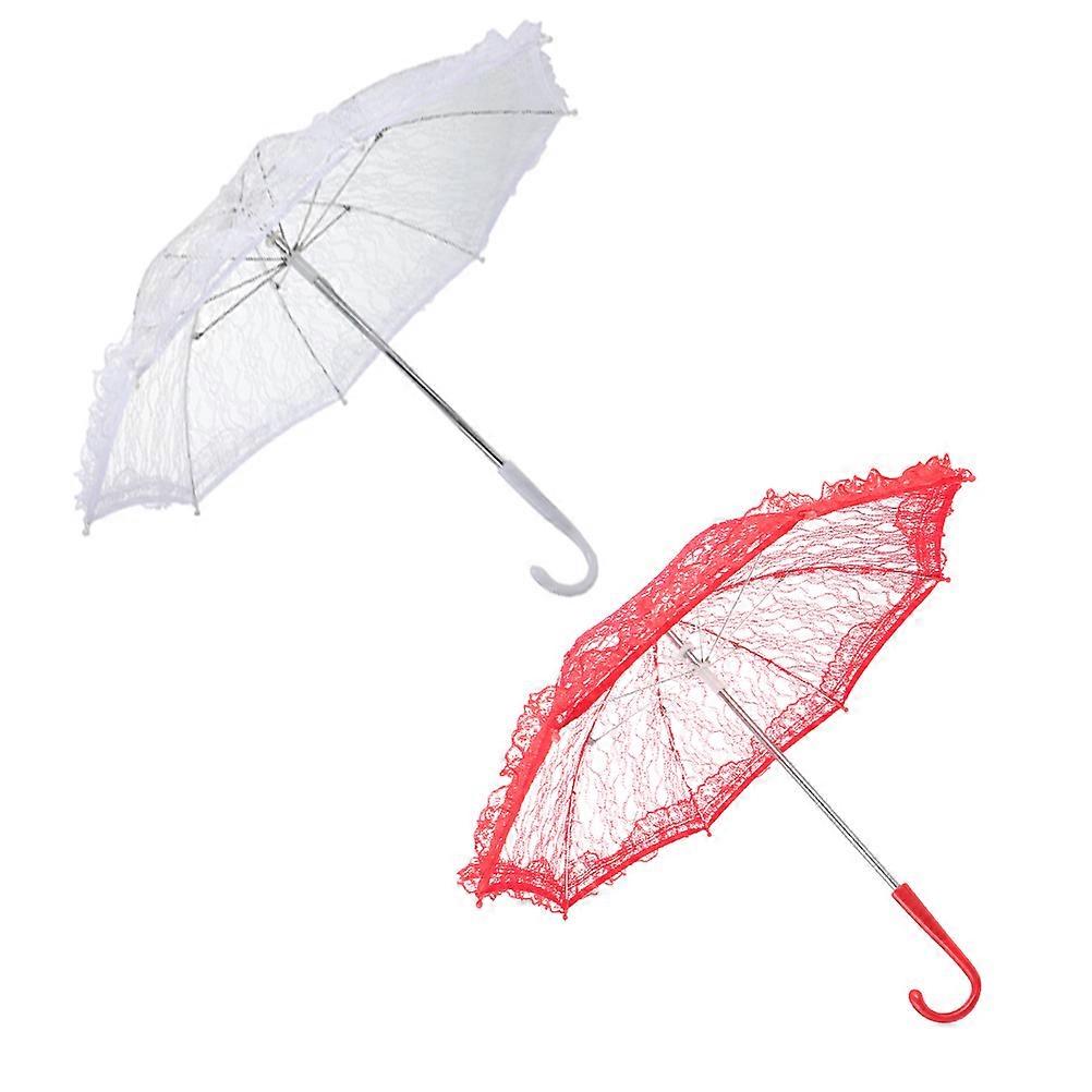 Lace Umbrella Set for Wedding, Party & Stage Performance – Vintage White & Red Decorative Parasols with Elegant Frame for Bridal & Photography Use