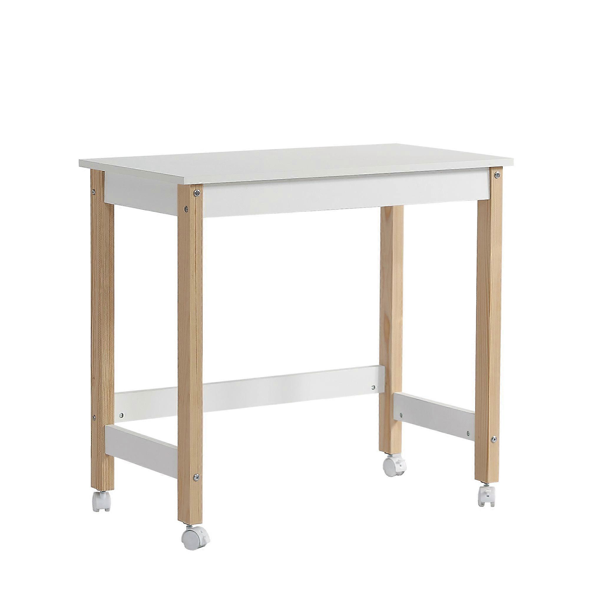 Compact Work Desk With Wheels And Natural Wood Legs
