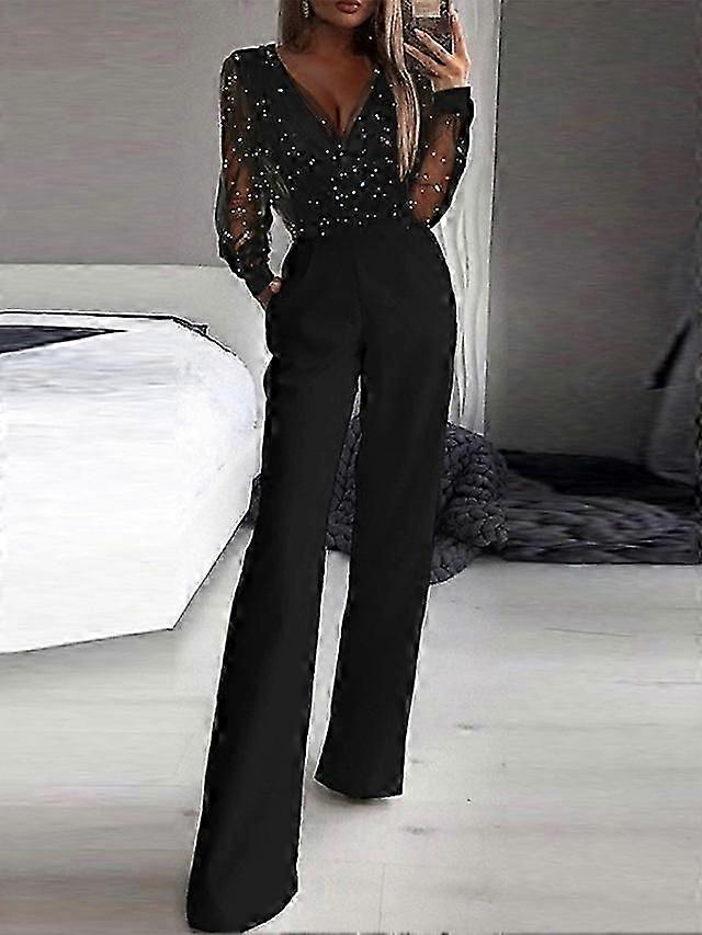 Women's Jumpsuit Mesh Sequin Solid Color V Neck Elegant Party Prom Regular Fit Long SleeveZZ14