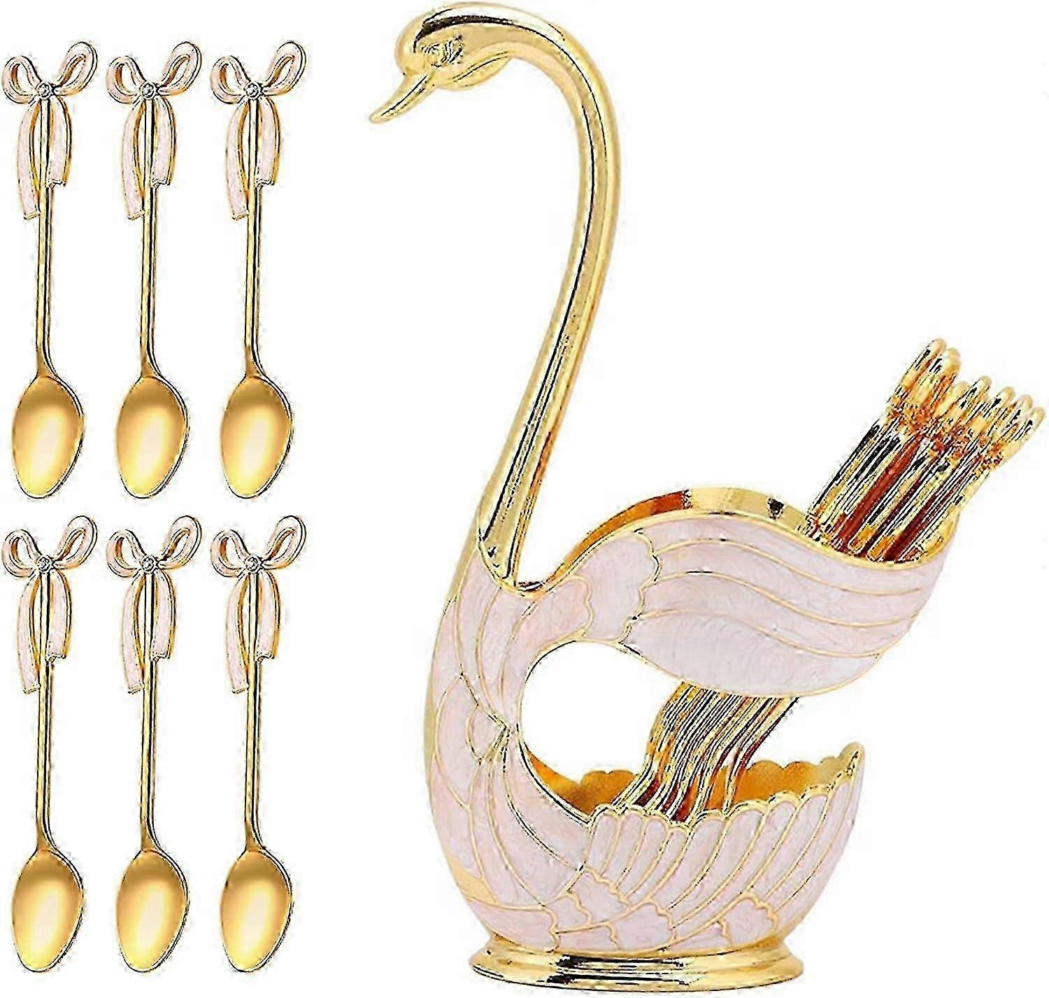 Elegante set di cucchiai in metallo da 6 pezzi con supporto per cigno per caffè e dessert, posate d'oro