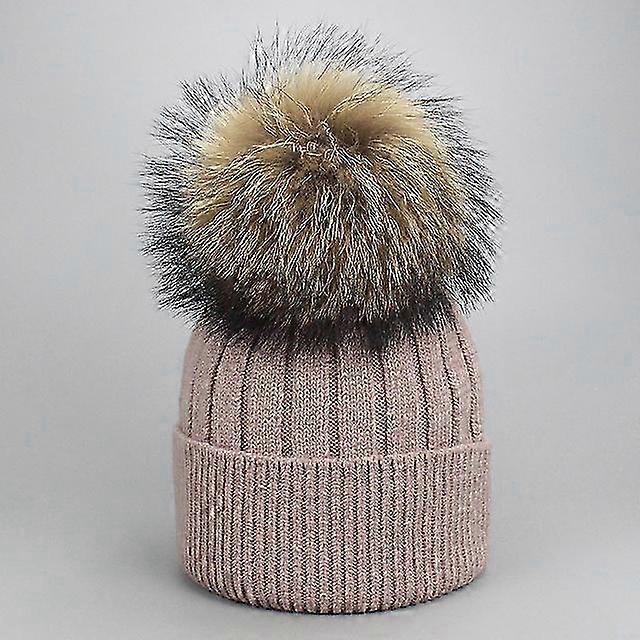 قبعة صوف محبوكة شتوية للمرأة مع فرو صناعي بوم بوم قبعة جمجمة دافئة عارضة