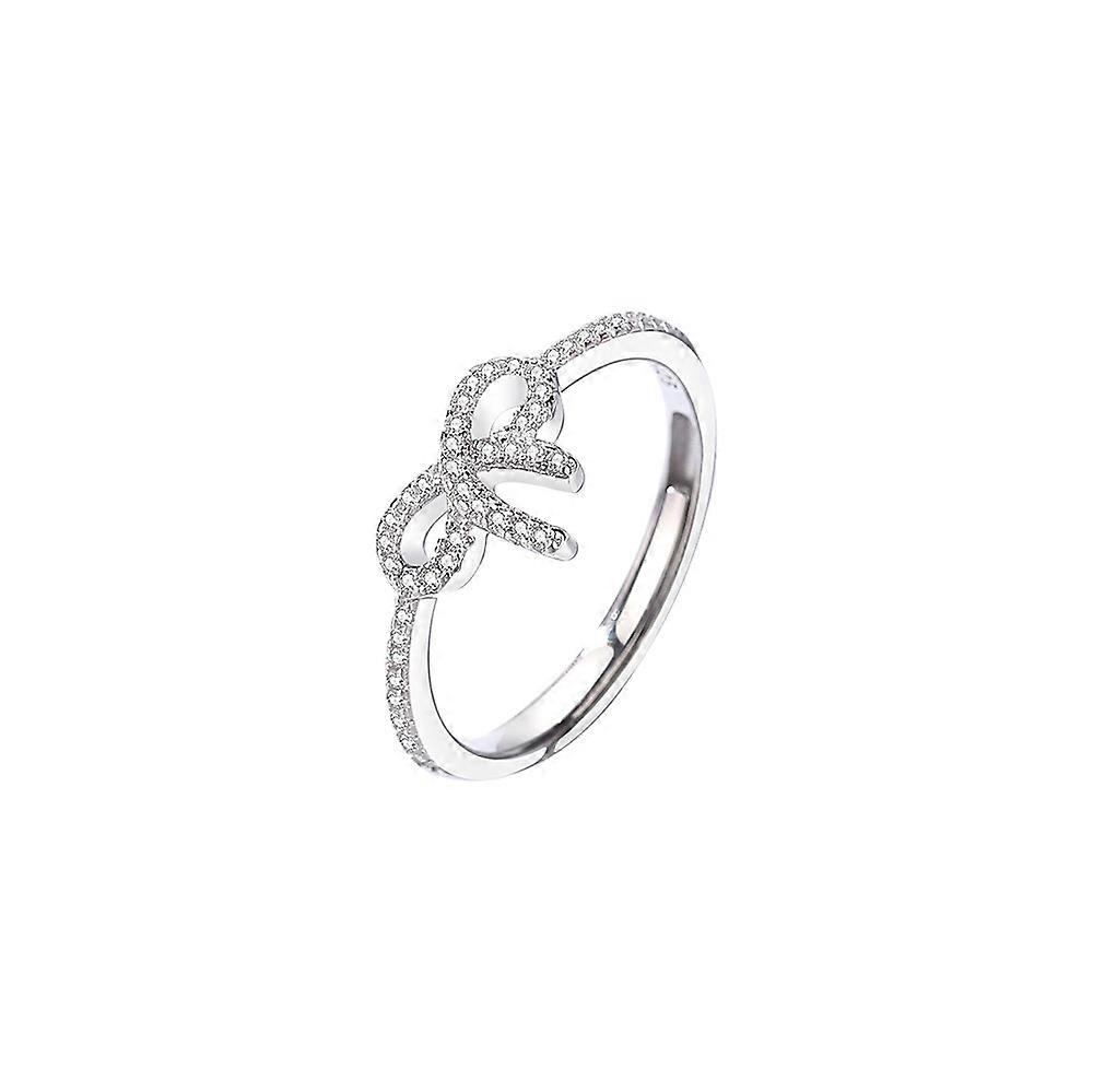 Ring, S925 Sterling Silver Bowknot Cubic Zirconia Open Adjustable Fashion Versatile Women's