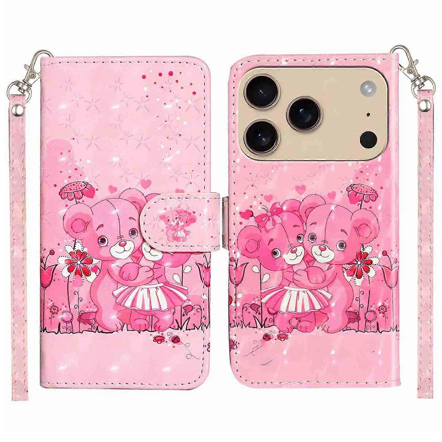 For iPhone 17 Pro Wallet Case 3D Pattern Printed Leather Phone Cover with Strap - Bears