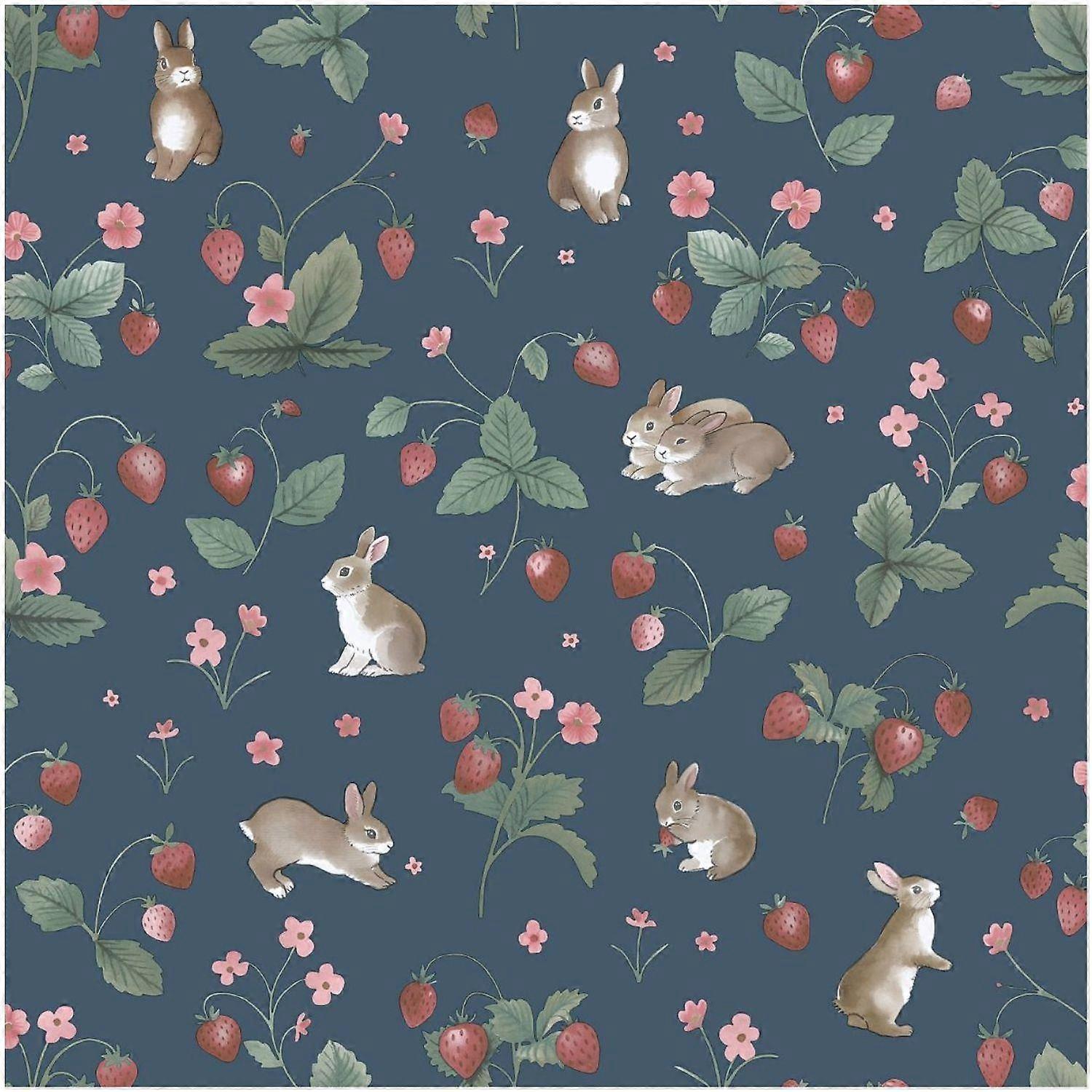 Holden Decor Bunnies Berries Navy Wallpaper