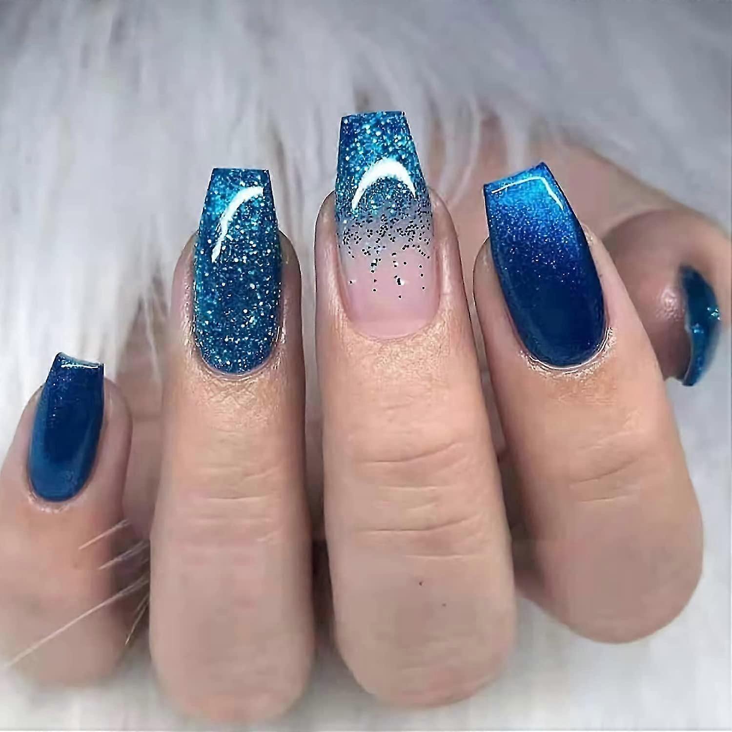 Medium Coffin Press On Nails, Blue Gradient Fake Nails, Glitter Artificial False Nails With Double S