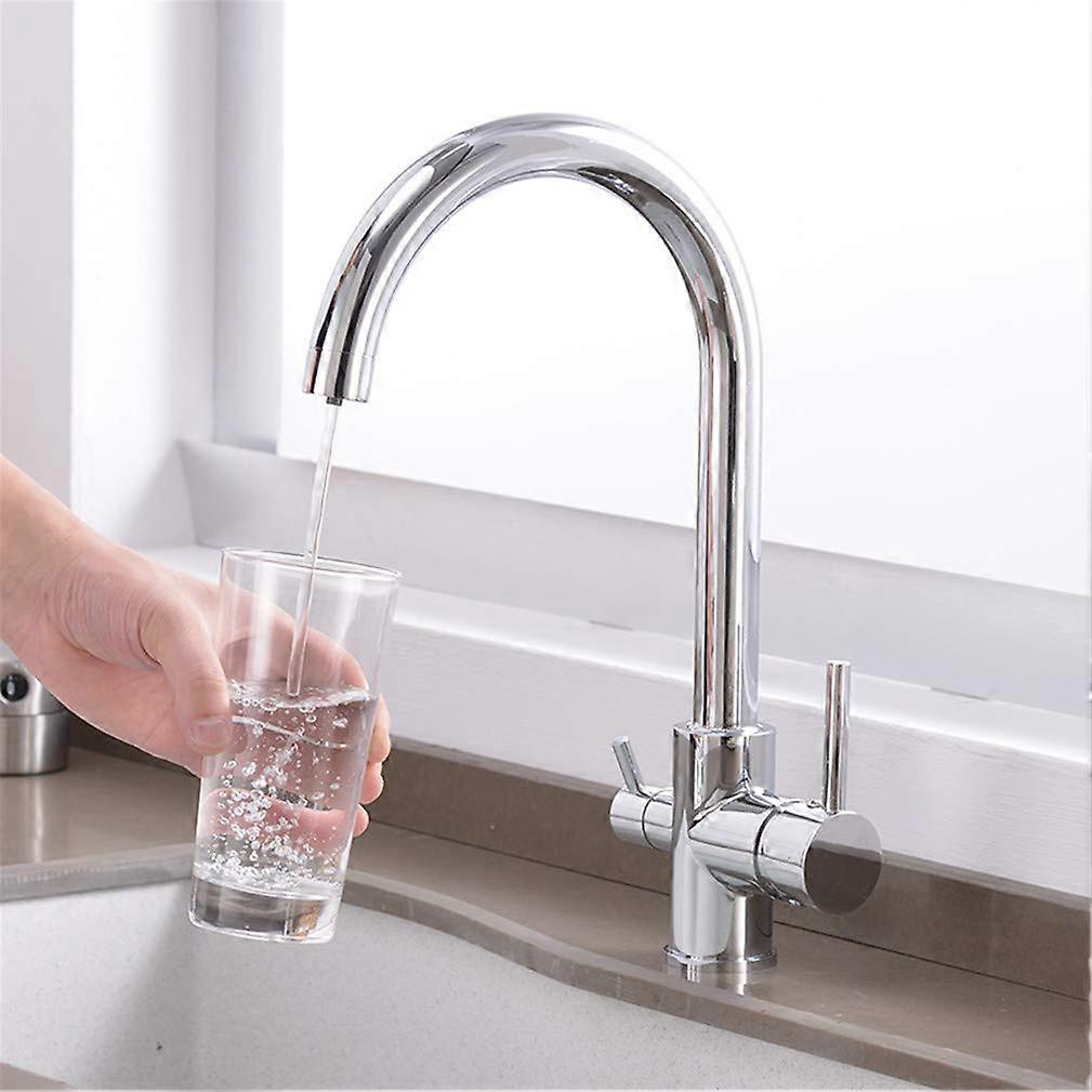 Kitchen Faucet with Drinking Water Filter, Dual Handle Chrome 3 Way Mixer Tap, 360° Swivel Deck Mount for Sink