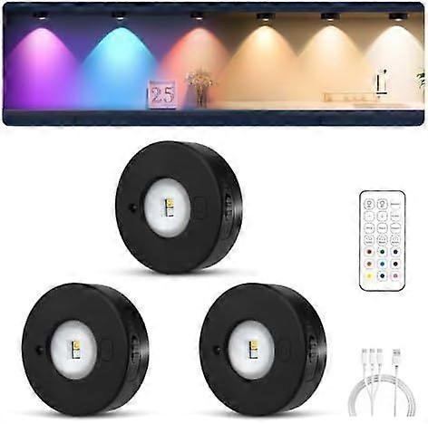 Rechargeable LED Cupboard Light, USB Wireless RGB Puck Light, Battery Operated Shelf Display Cabinet Dimmable Stick on Wall Light with Remote Control/