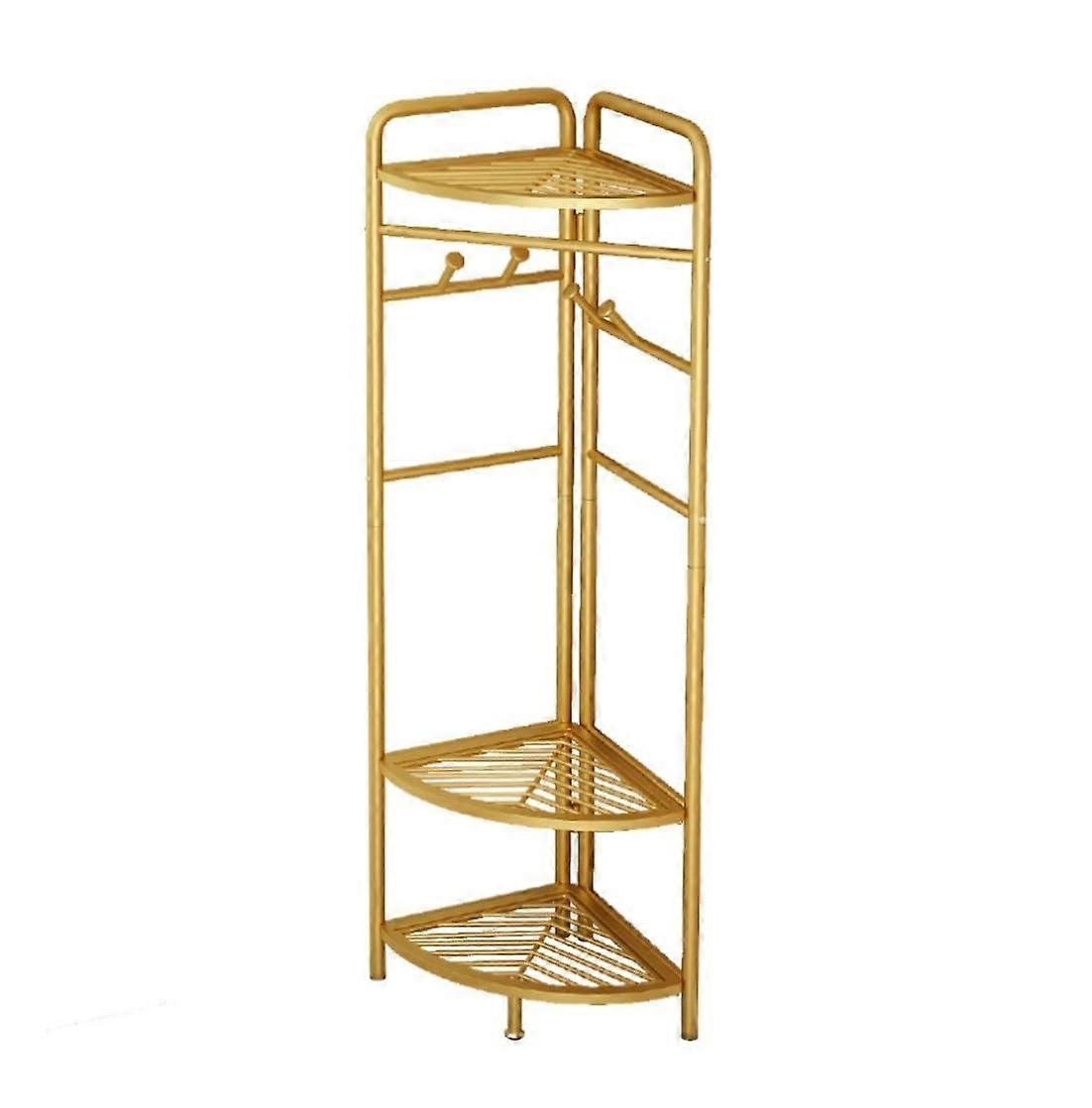 Corner Bookshelf Carbon Steel Display Rack with Coat Hooks for Living Room, Gold 42x32x174cm