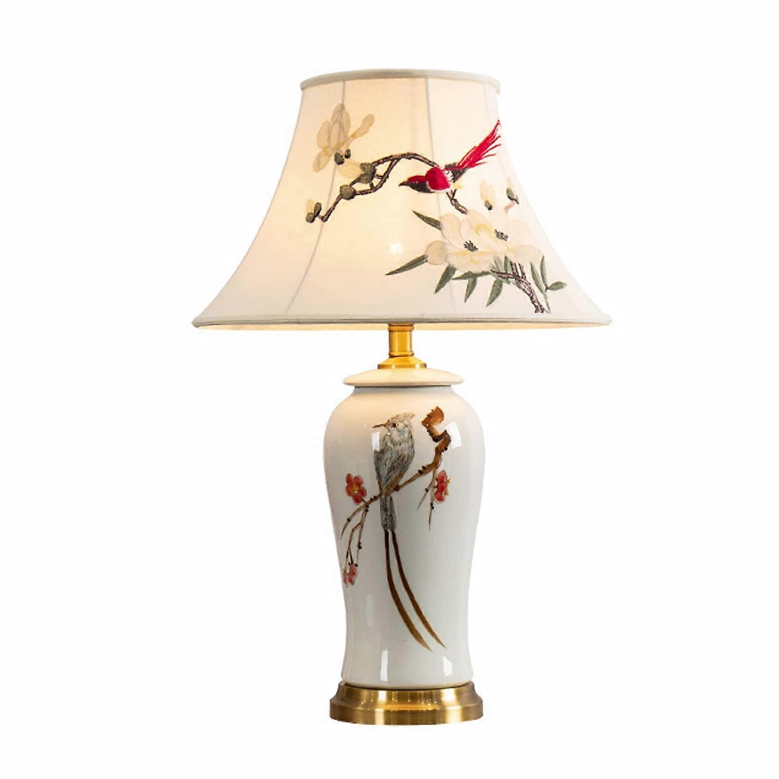 Hand Painted Ceramic Table Lamp with Fabric Shade, Warm White LED, E27 Bulb for Bedroom
