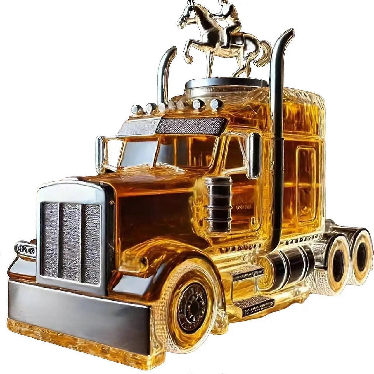 Whiskykaraff i glasform, halvlastbilsformad, för spritdisplay, samlarobjekt