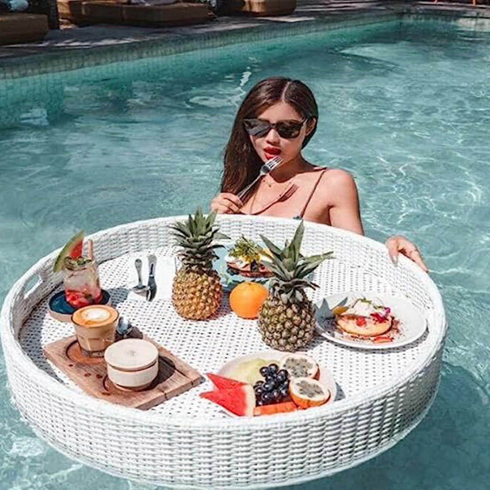 Floating Serving Tray Waterproof Rattan Breakfast Poolside Drink Snack Table 60cm White