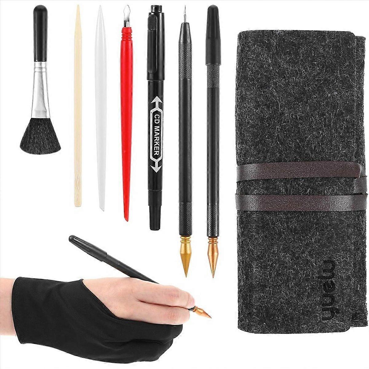 Ensemble de 9 outils de dessin, stylet en bois pour gratter, comprenant un sac à outils, des stylos de coloriage et un stylet en bois.