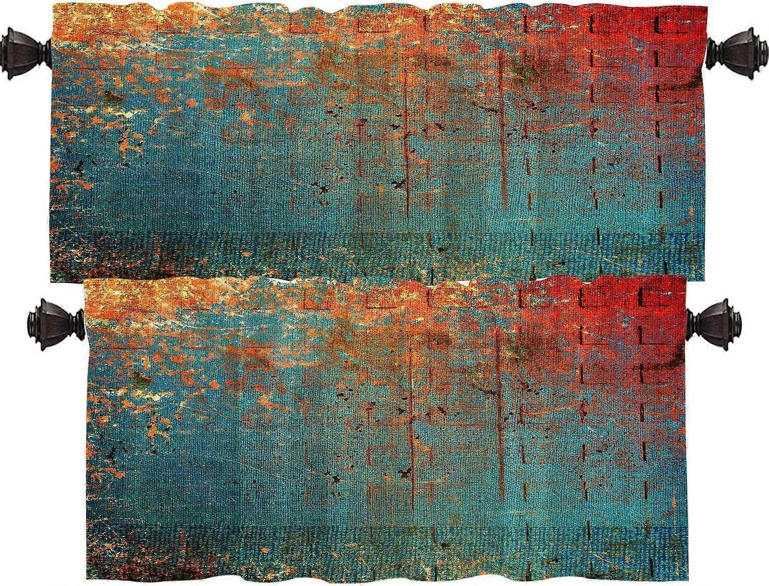 Green Grunge Paint Kitchen Valances, Blue Solid Ink Half Window Curtain Window