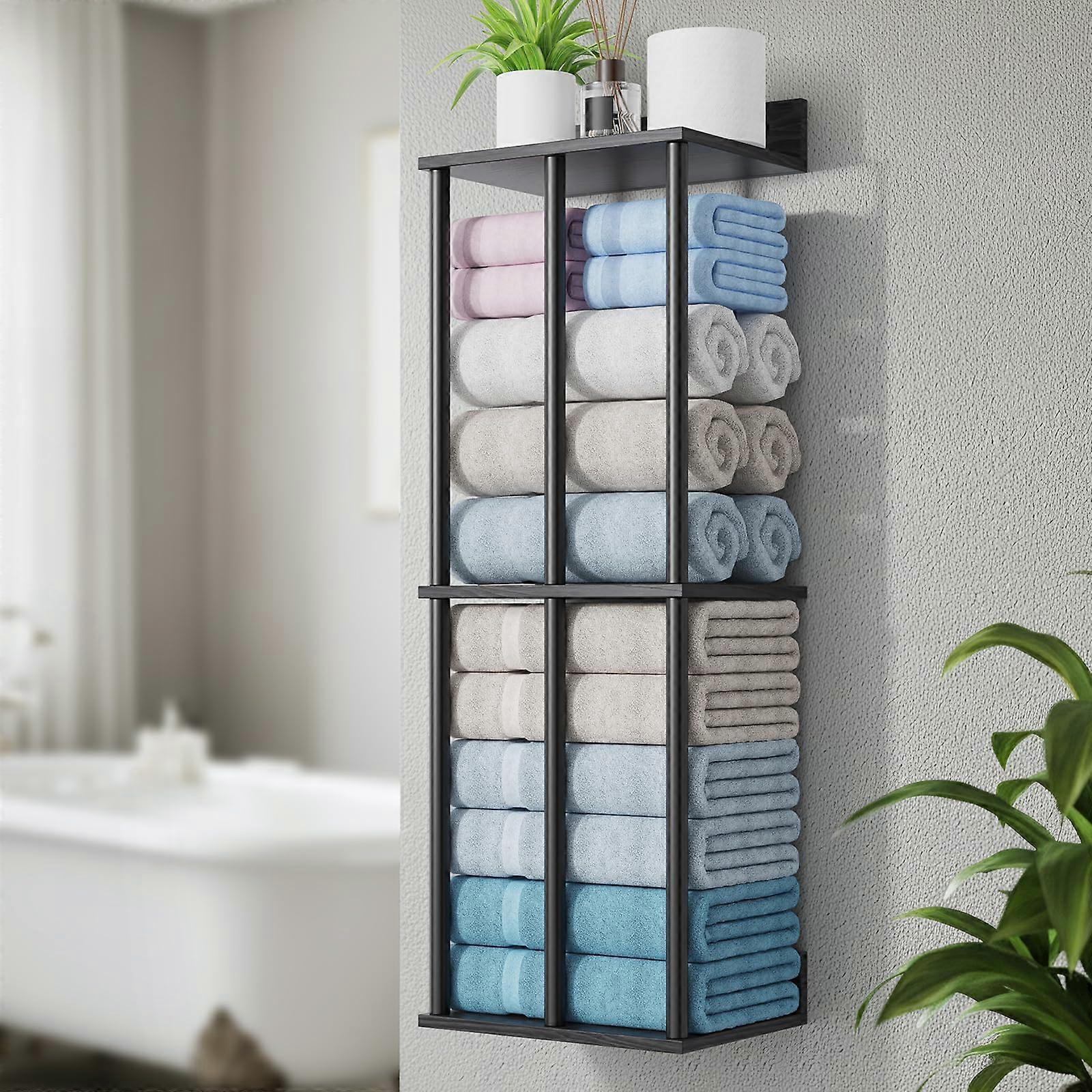 Extra Large 34 Inch Bathroom Towel Rack with Dual Shelf, Black Wall Mounted Holder for RV Storage