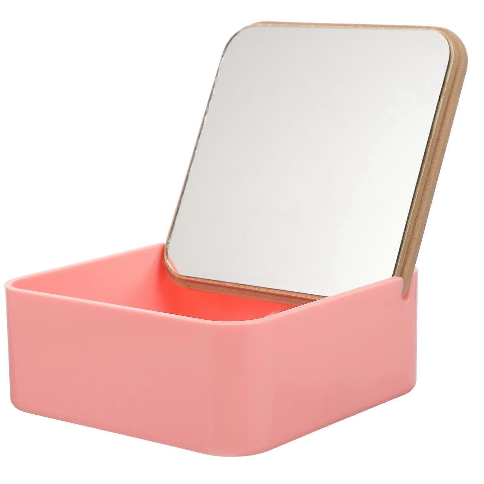 Desktop Bamboo Makeup Mirror Storage Box for Cosmetics with Pink Finish