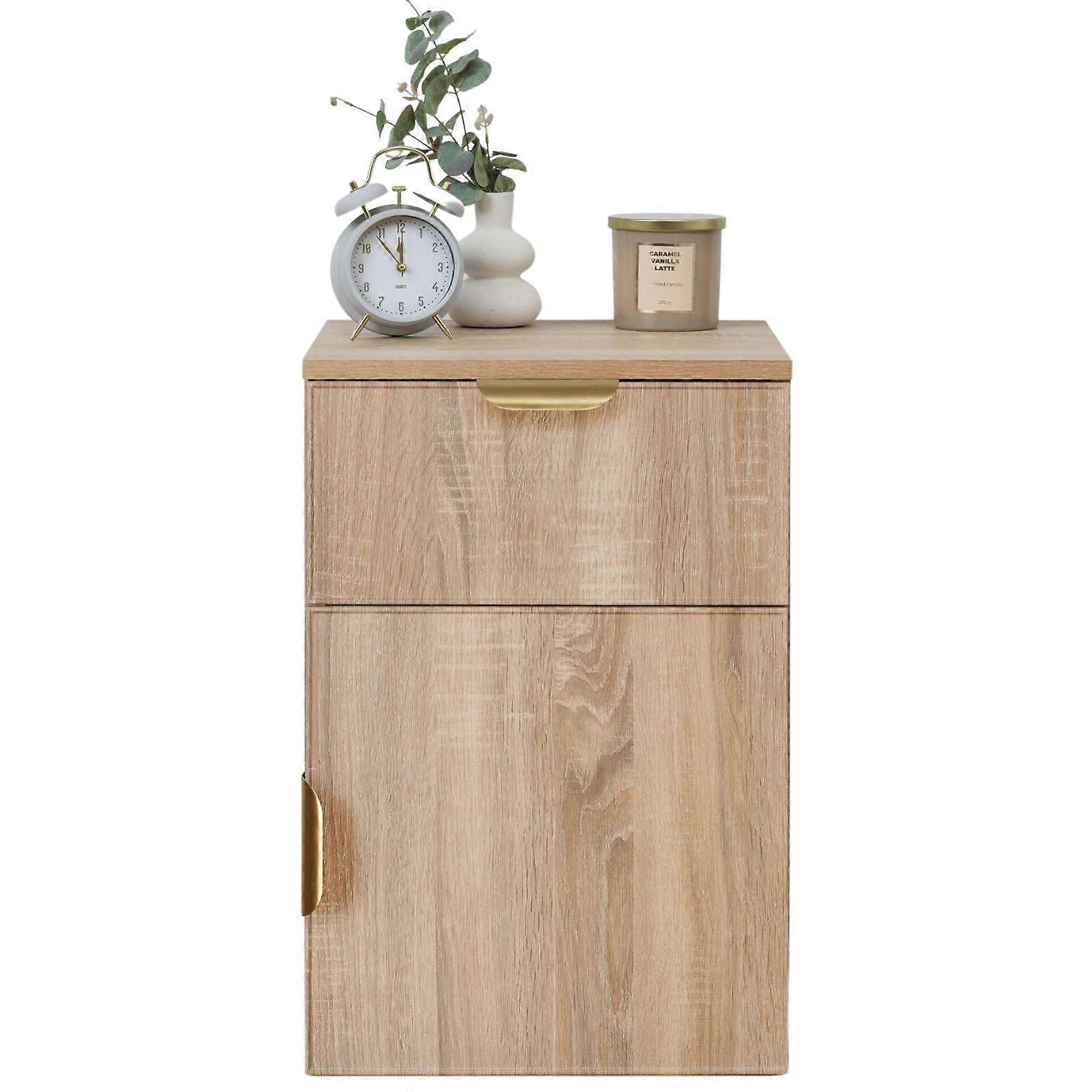 Porto Bedside Table Natural Oak Slim Pull Brass Bedside Tables