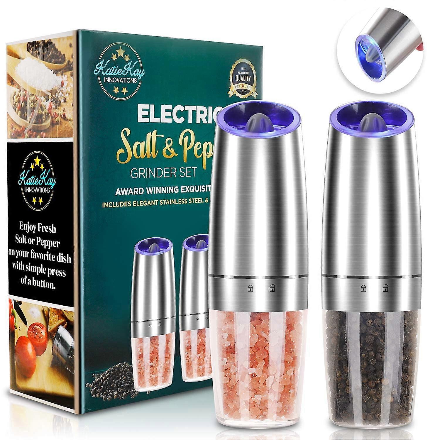 Electric Salt and Pepper Grinder Set of 2, Gravity Sensor, Adjustable Coarseness, LED Light, Silver