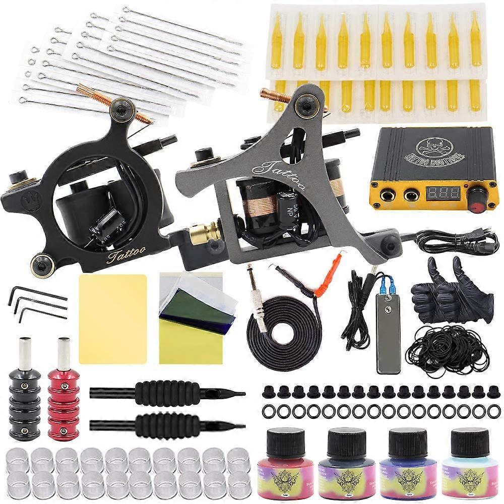 Complete Tattoo Kit with 2 Dual Machine Guns Needles Inks LCD Power Supply for Beginners