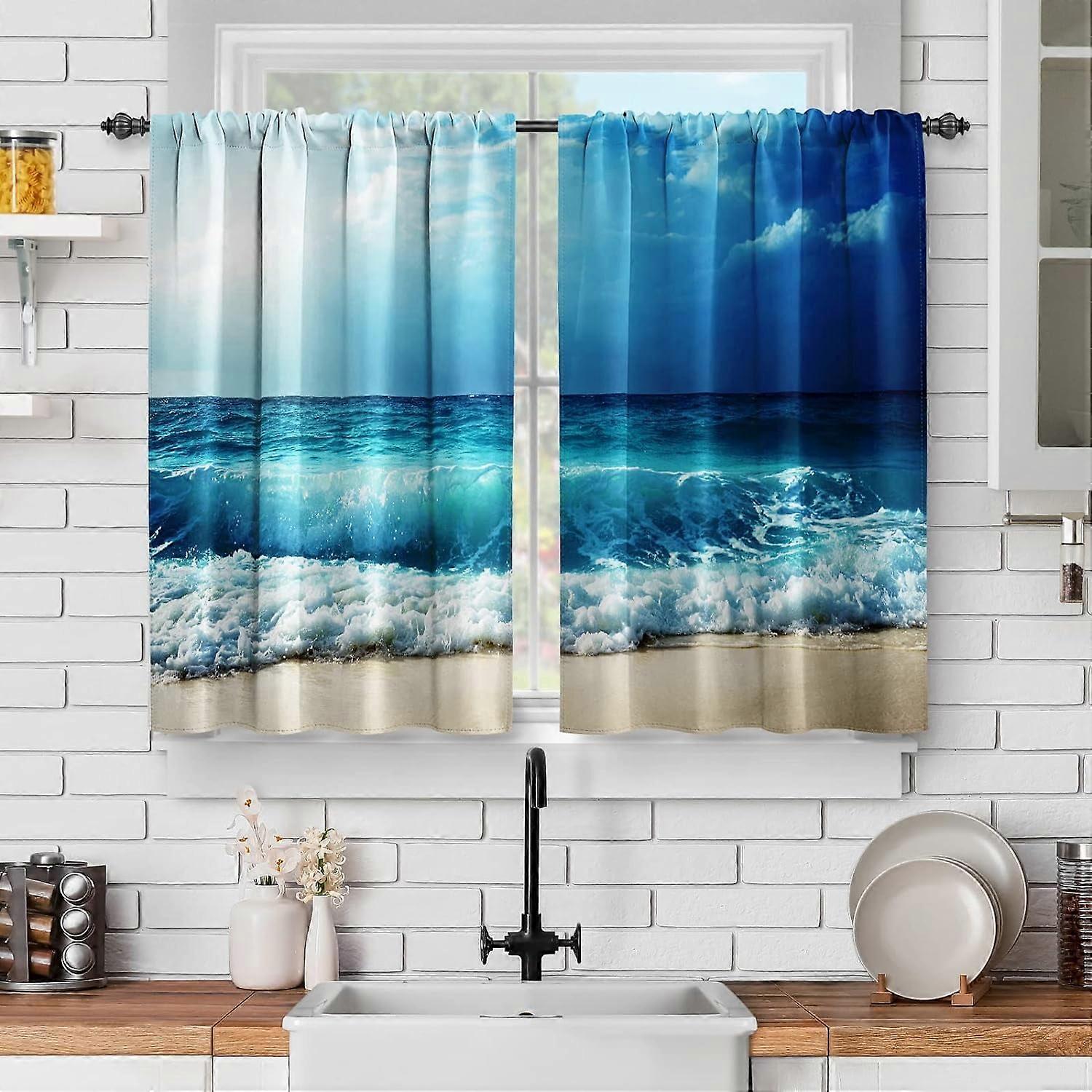 Cortinas de cozinha Ocean Beach – Estampa de ondas tropicais havaianas em tons de azul, com bolso para varão, 2 painéis (142 x 91 cm), compatíveis com varões padrão.