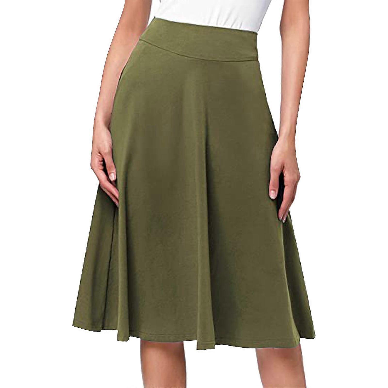 Simple Comfy Basic Solid Color Stretch A Line Flared Knee Length Skirt (Army Green,S)