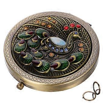 Vintage Peacock Folding Makeup Mirror Gold Compact For Purse Portable Small Round Mirror For Women Girls Travel And Daily Use