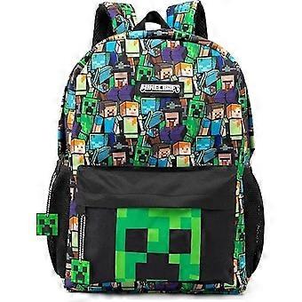 Minecraft Rygsæk til Drenge | Sort Skoletaske til Børn | Grøn Creeper Zombie Skelet Enderman & Cave Spider-Max