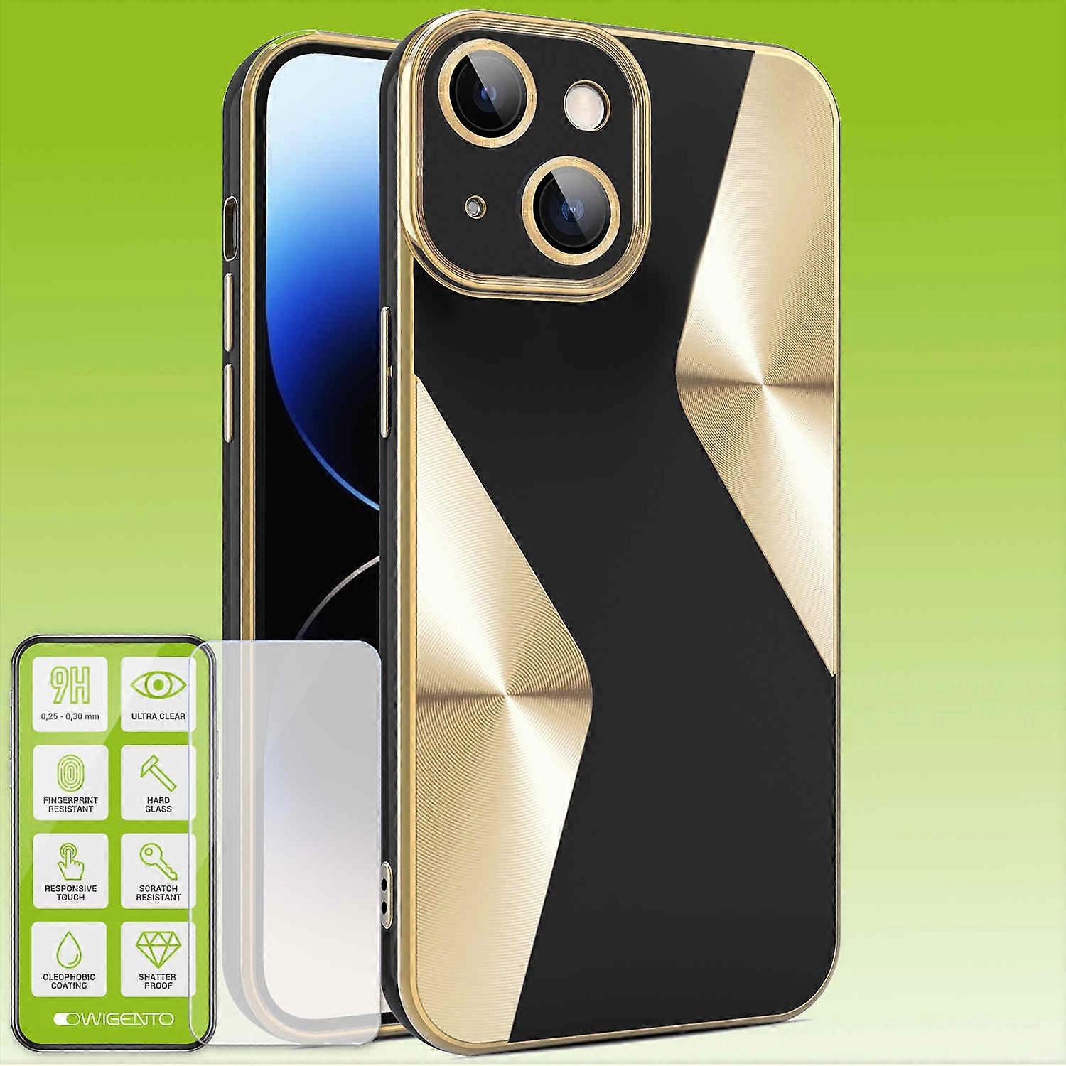 Product set for Apple iPhone 15 Plus: Electroplated silicone TPU + H9 tempered glass protective case cover accessory, black