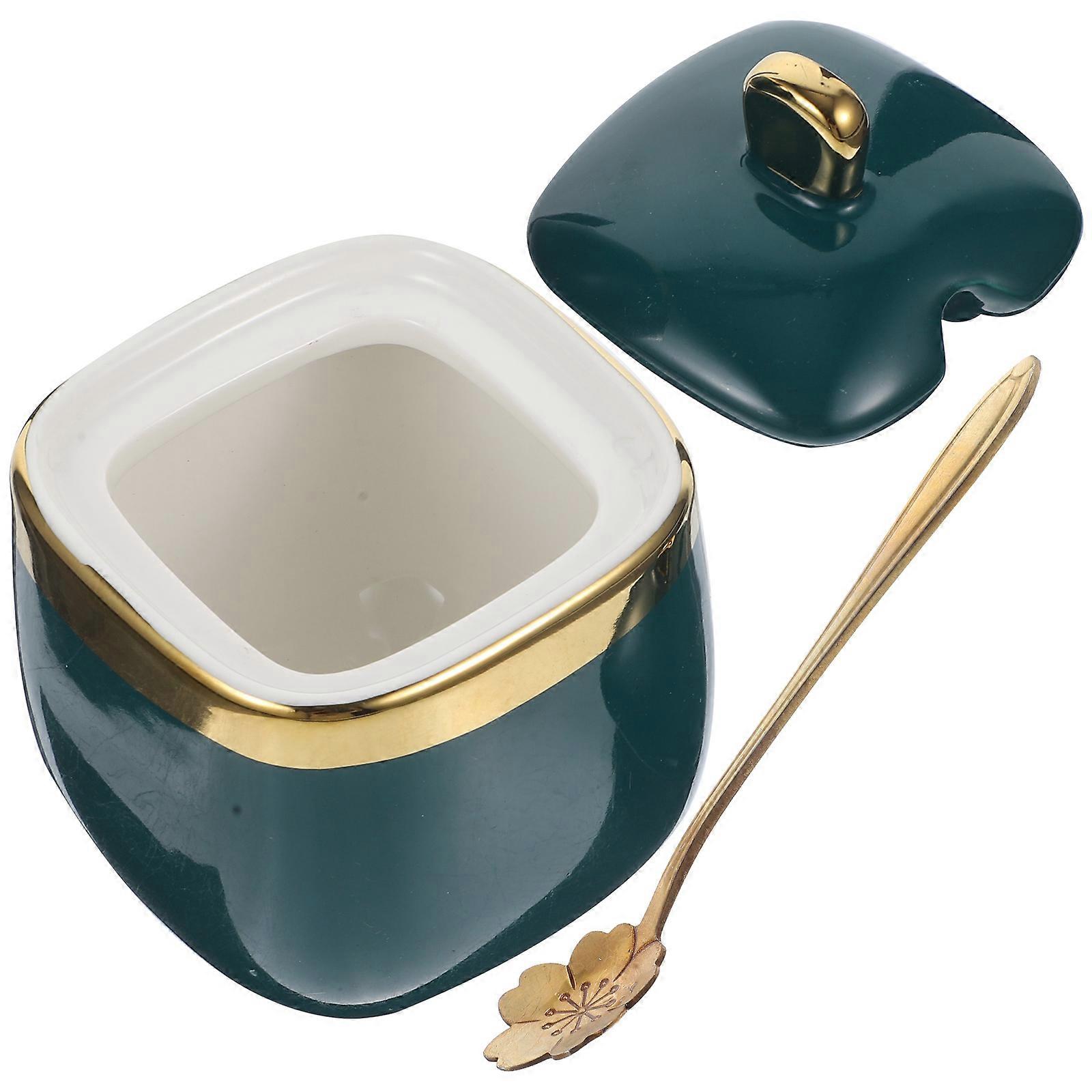 Pot à épices en céramique verte pour le rangement, 1 pièce, avec couvercle et cuillère.