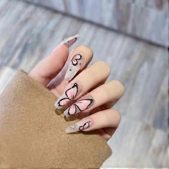 Long Coffin Press on Nails with Rhinestones Pink Butterfly Design 24 Pcs Reusable Acrylic Set for Women-ad