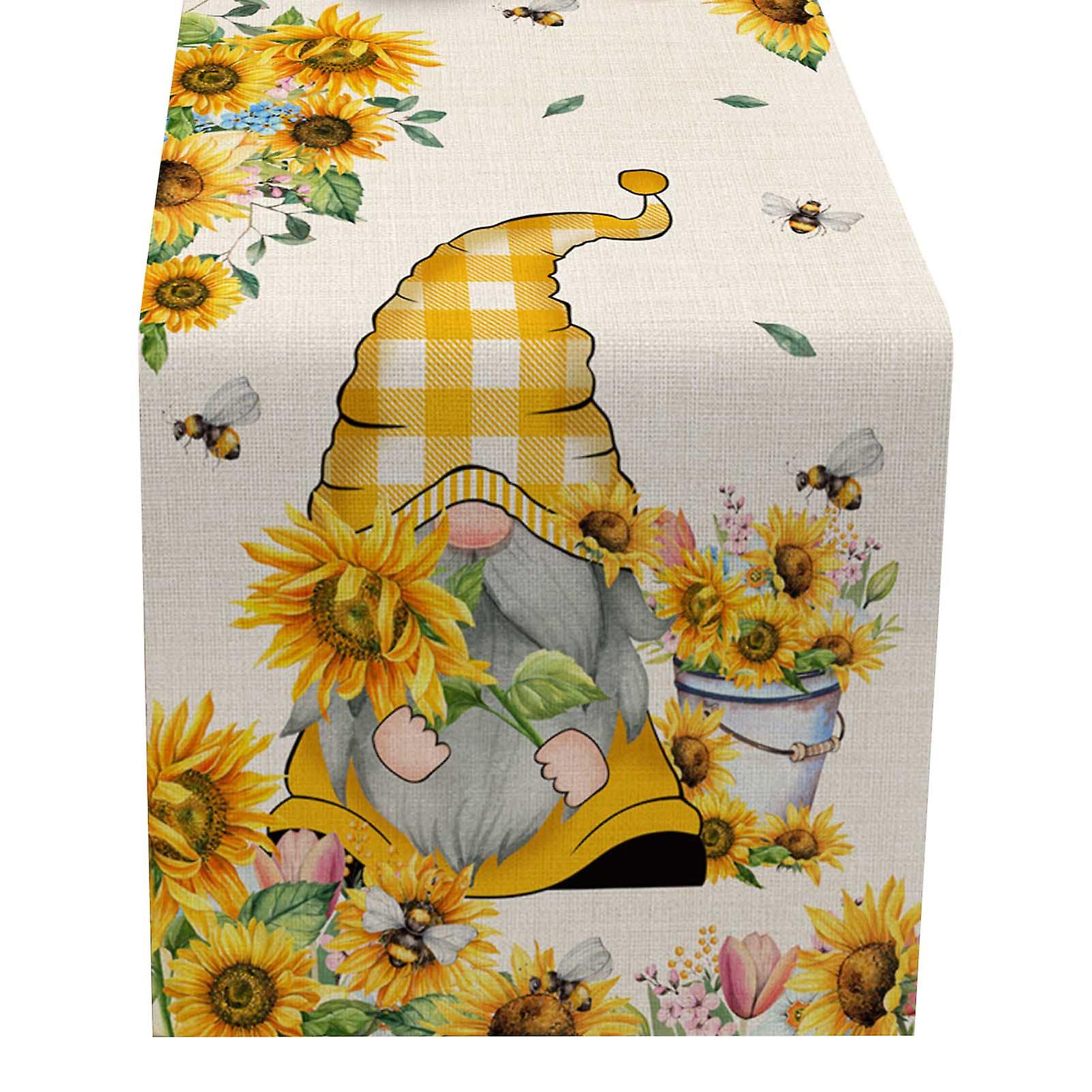 Sunflower Gnome Cotton Linen Table Runner Table Cloth Desktop Decor for Spring Easter Farmhouse Kitchen Dining Tabletop