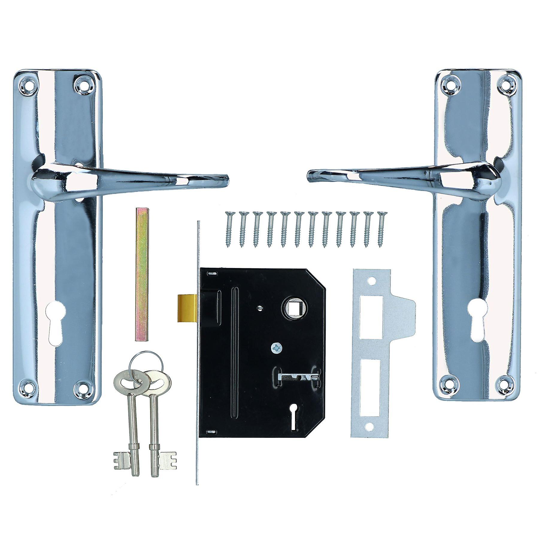 Lever Lock Set Lockable Door Handle Handles with 2 Keys + Chrome Finish 1pk