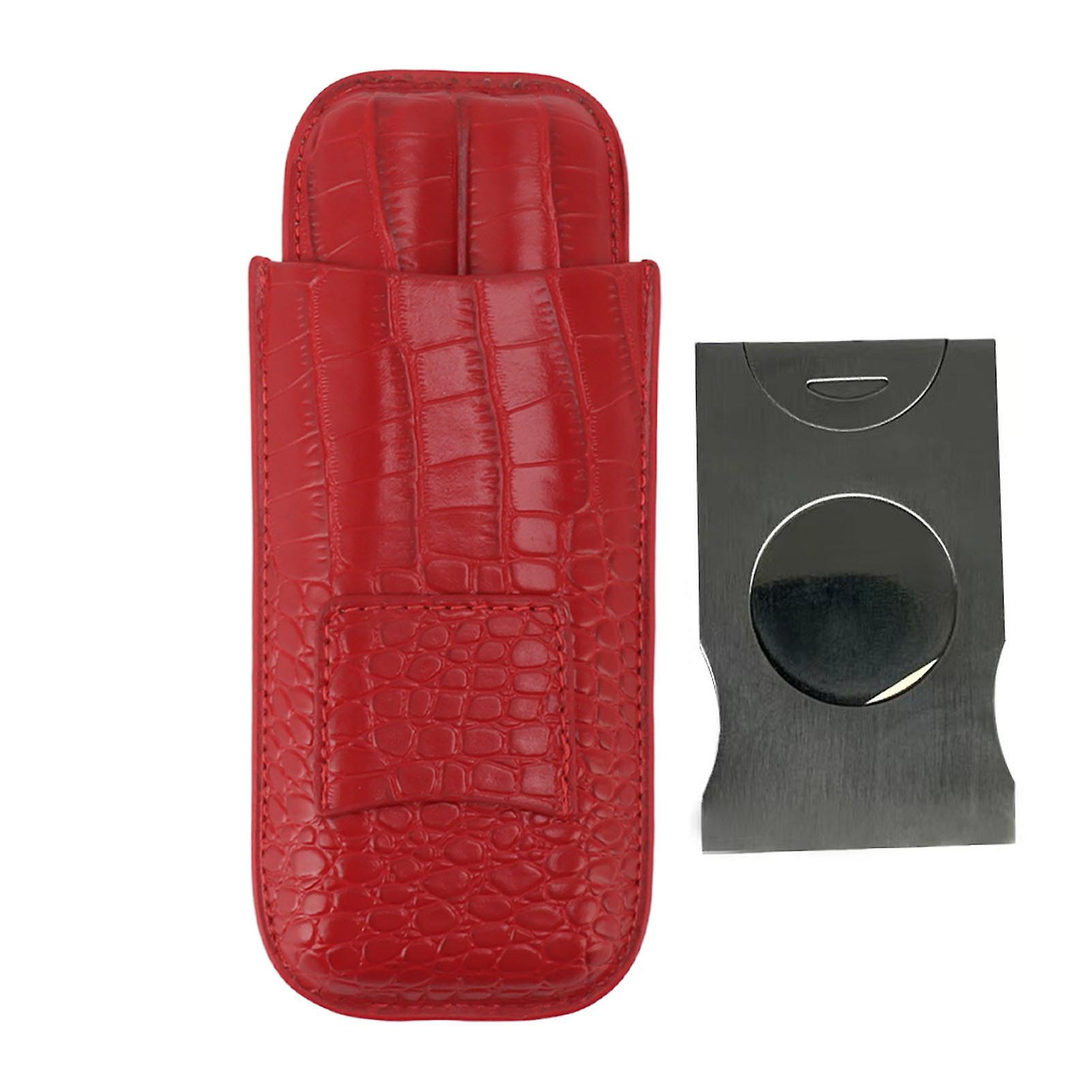2 Finger Cigar Case Cigar Sleeve Portable Travel Cigar Holder Moisturizing Function With Cutter Red