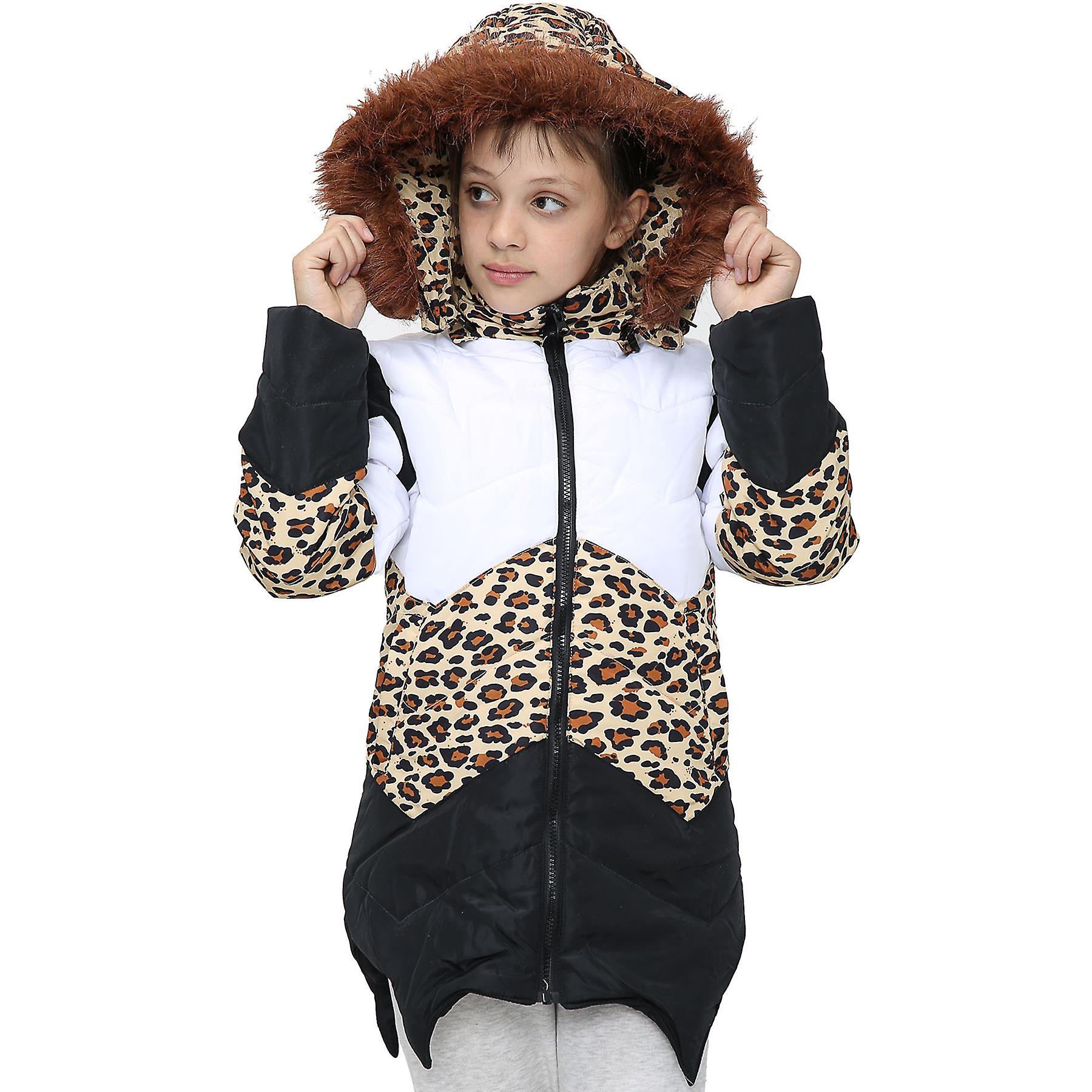 Girls Contrast Panel Leopard Puffer Coat Faux Fur Jacket