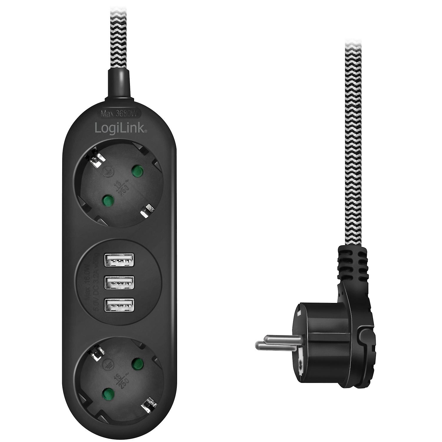 Power Strip Grounded 2-Way 3xUSB Flat Plug