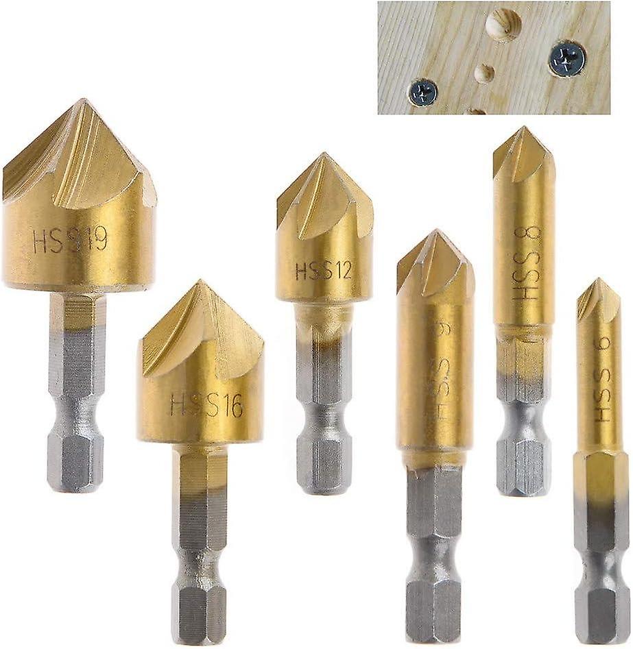 6pcs HSS 90 Degree Chamfer Cutter 5 Flute Chamfer Cutters Tailor Hole Titanium Coated Chamfer Cutter