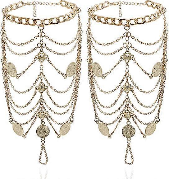 2 PCS Multi Chain Beach Tassels Anklet Chain Bracelet Barefoot Sandals Foot Jewelry