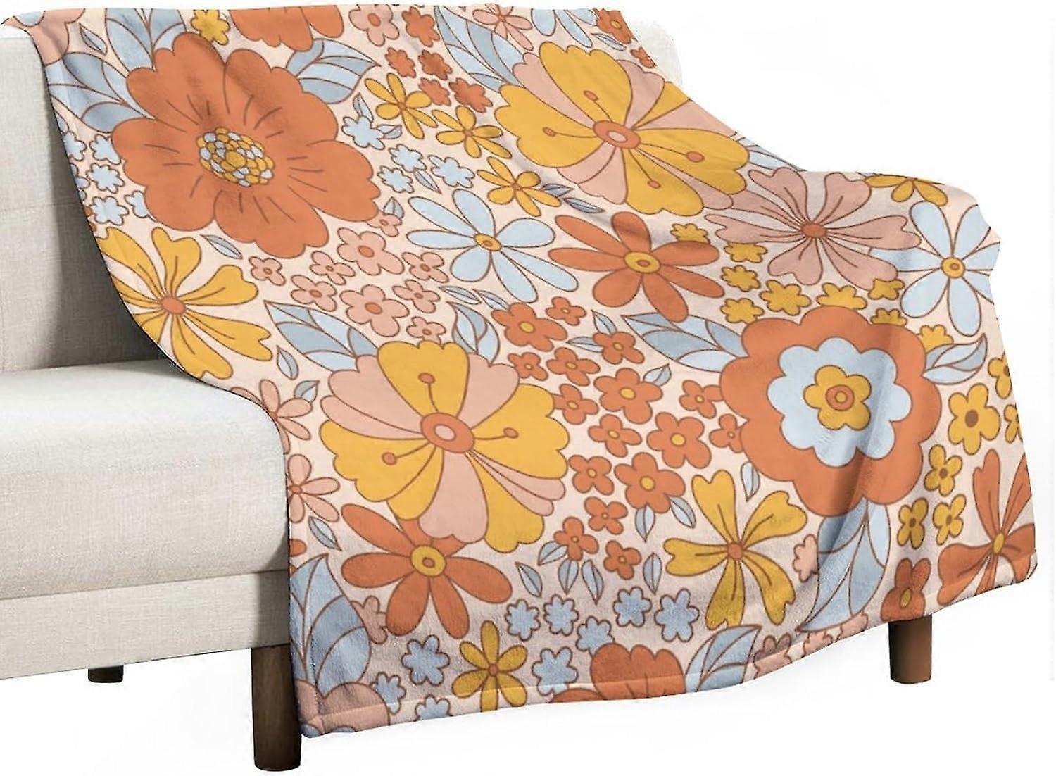 Retro 70s Floral Blanket, Hippie Summer Groovy Flower Power Flower Boho Print Throw Blanket for Couch Sofa Couch Chair 30"x40"