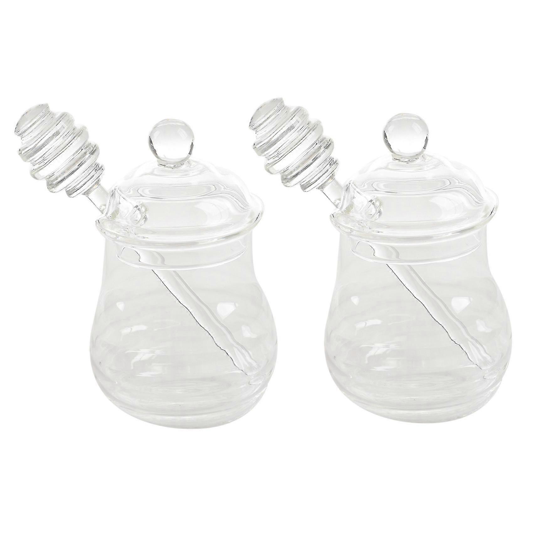 2x Transparent Glass Honey Jar With Lid Honey Jar With Dipper, Clear, 9 Ounces