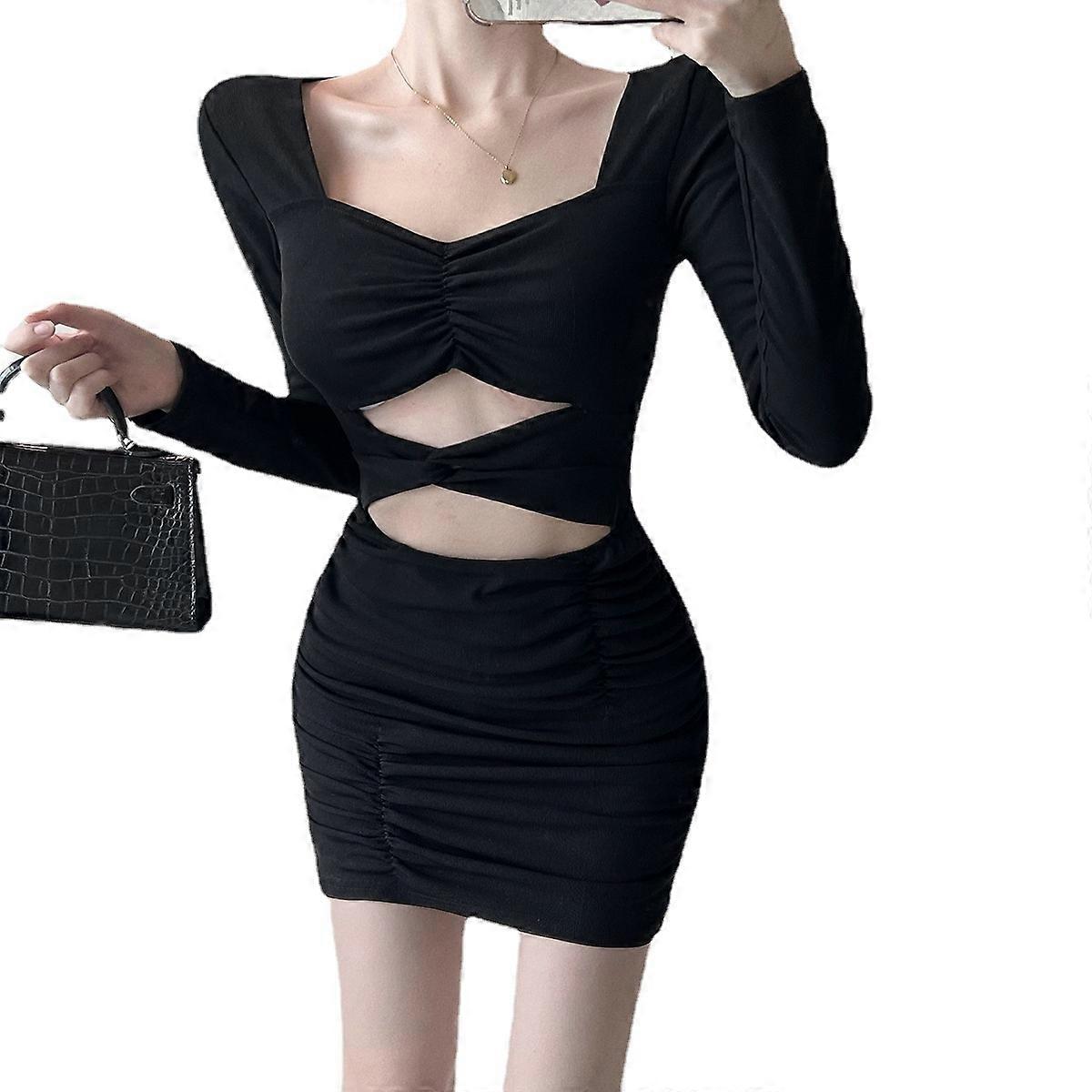 korean black bodycon dress Women Autumn Long Sleeve Short Party Ddress Office Lady Pure Color Elegant Vintage Y2K Mini Dress Straight Neck Allen Edmonds Bel Air UK | AU Size:28 this dress is suitable