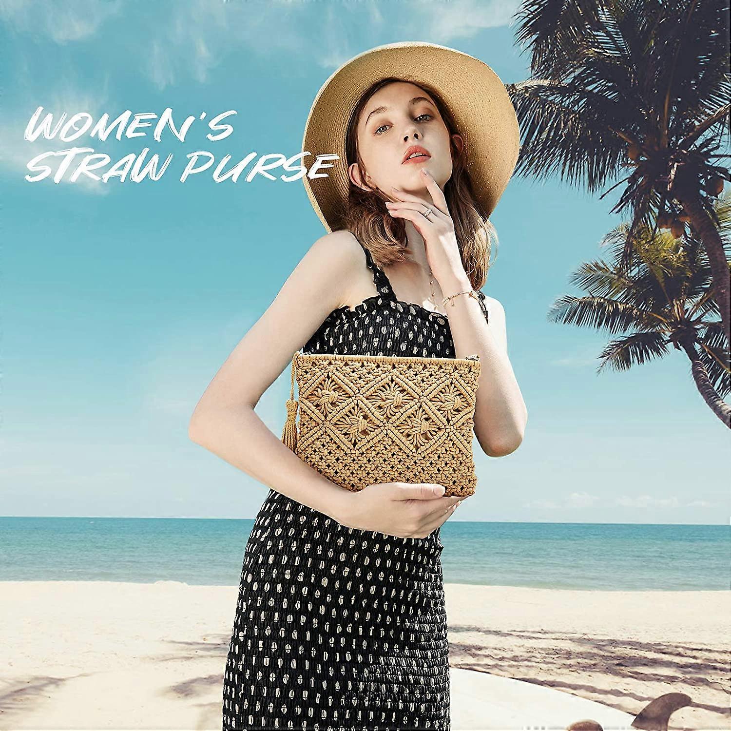 Reginary 9-Piece Straw Clutch & Earrings Set - Boho Woven Crossbody Bag With 4 Pairs Rattan Earrings For Beach & Vacation