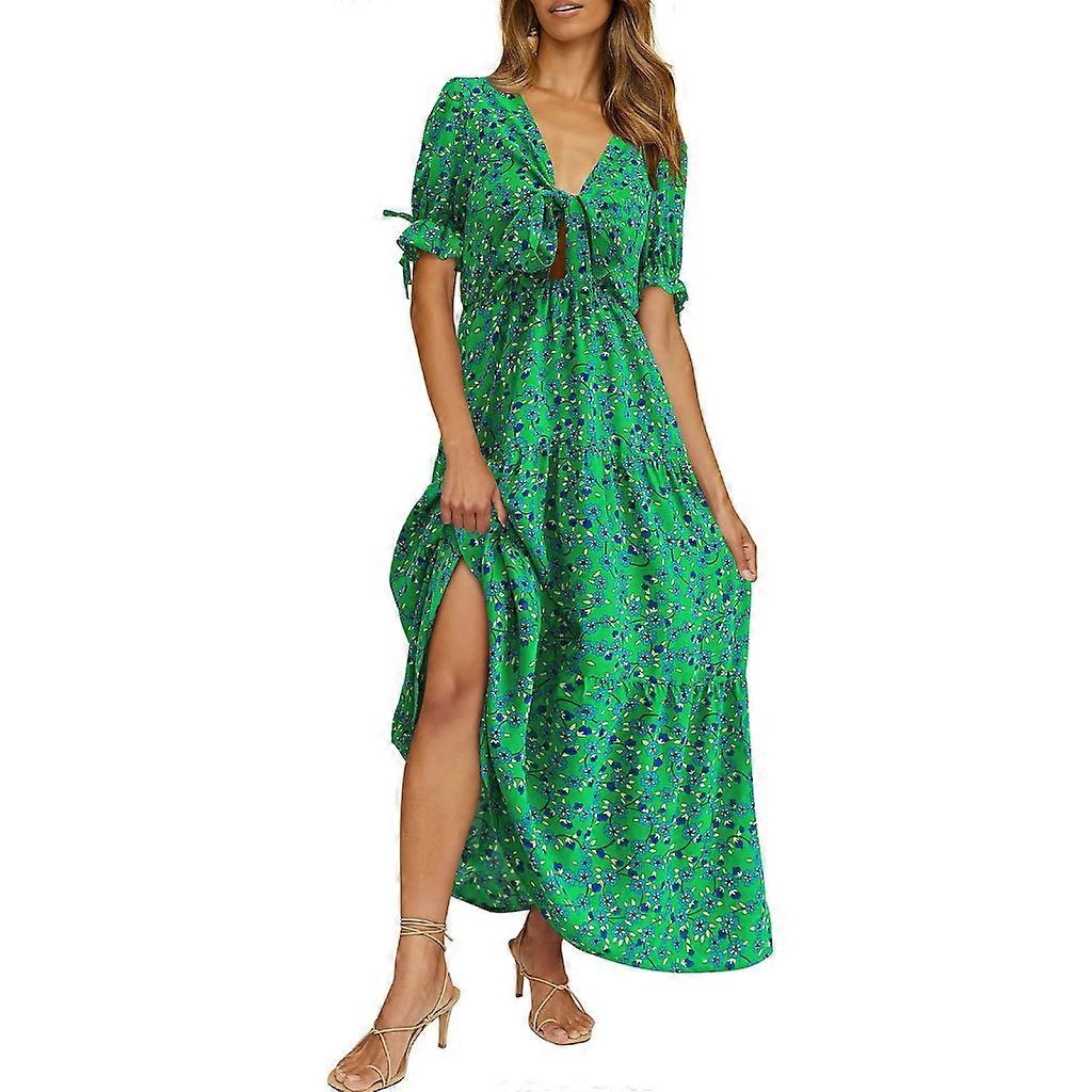 المرأة الصيف بوهو قصيرة الأكمام الخامس الرقبة التعادل الجبهة A- خط الطبقات كشكش فستان طويل