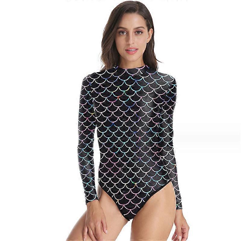 Womens Swimsuit Fish Scales Print Long Sleeve Rash Guard Zipper Surfing Bathing Suit