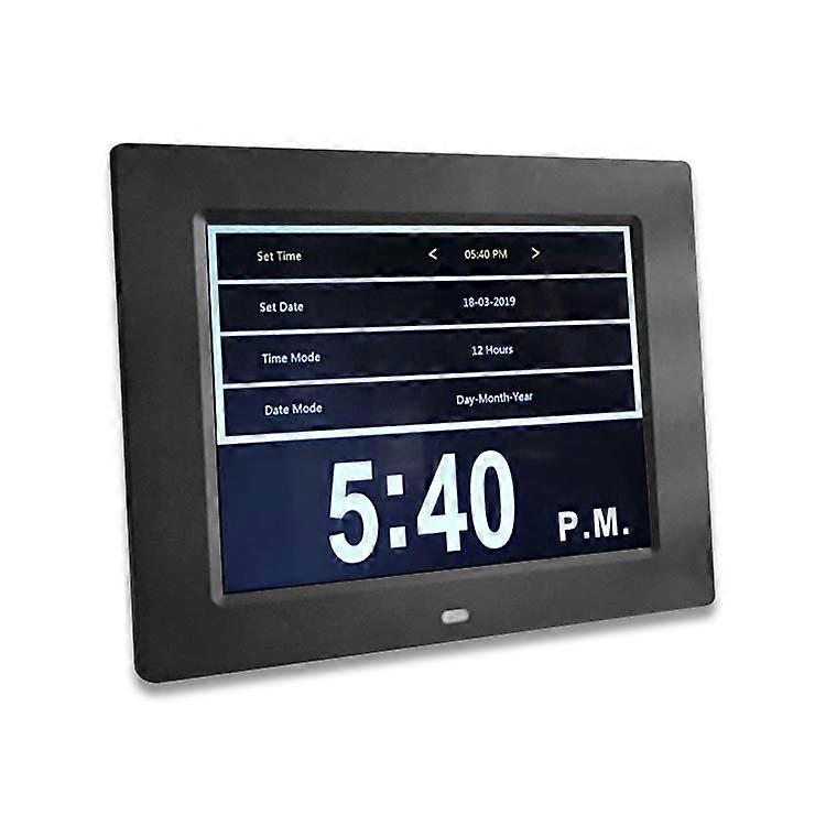Black digital Calendar Alarm Day Clock With 8" Large Screen Display, Am Pm, 5 Alarm, Dementia