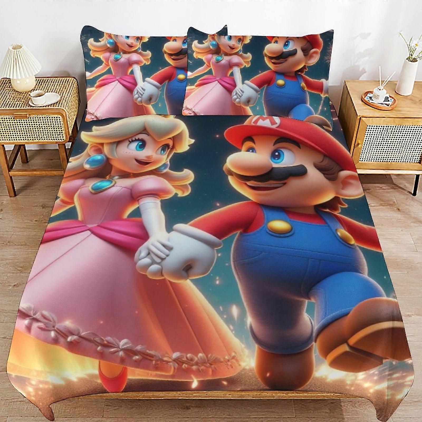 Sängkläder ZM641 Super Mario 3-delat täcke, Mjukt påslakanset i mikrofiber med dragkedja, 1 påslakan + 2 kuddfodral TS641