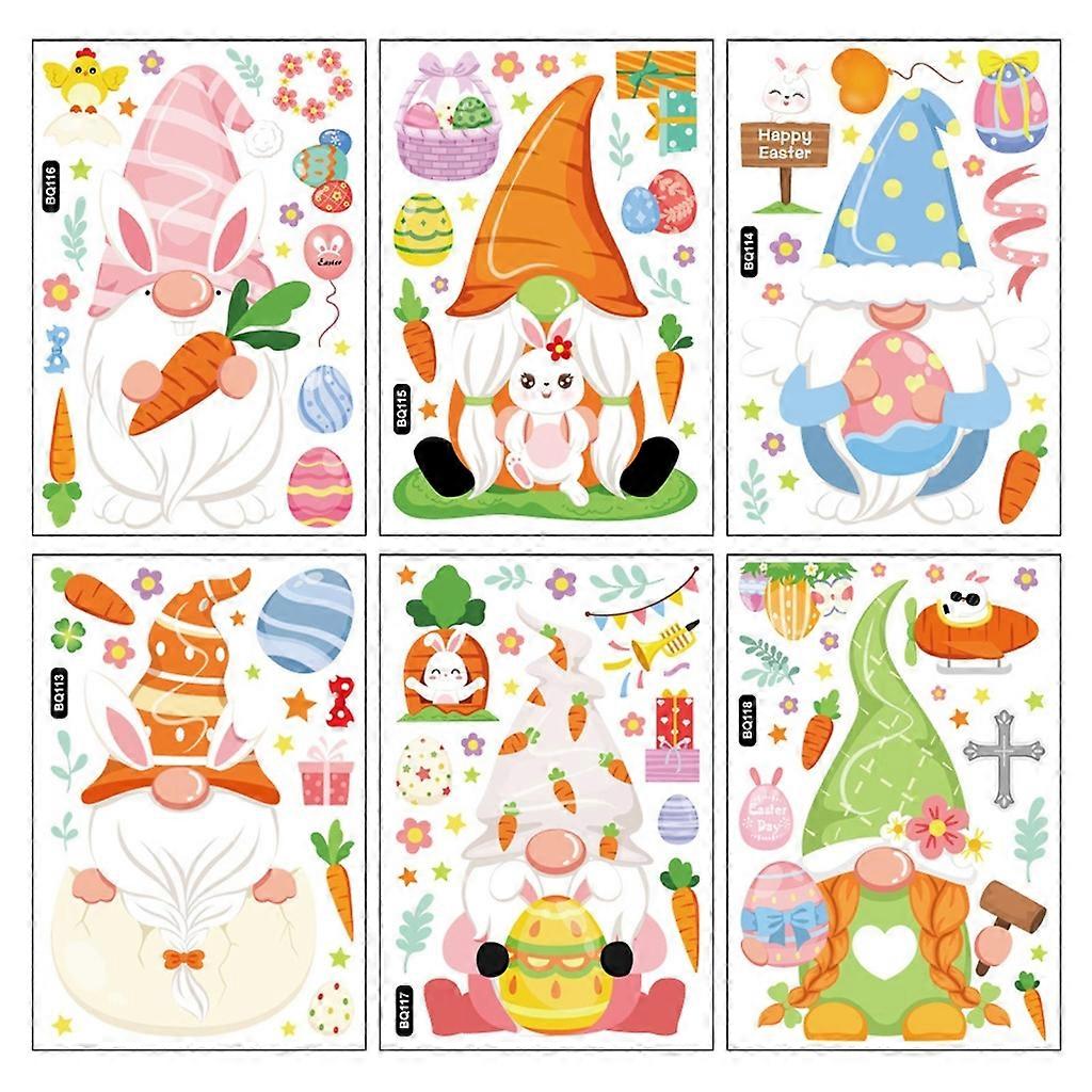  6pcs Happy Easter Window Stickers Eggs Bunny Gnome Electrostatic Sticker Decor