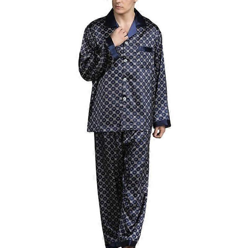 GUOCU Men's Silk Pajamas 2 Piece Long Sleeve Printed Set Dark Blue
